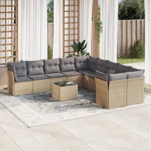 11-Piece Garden Sofa Set with Cushions Beige Poly Rattan Wicker Outdoor Patio Furniture - Image 2