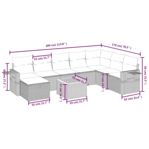 9-Piece Garden Sofa Set with Cushions Grey Poly Rattan Wicker Outdoor Patio Furniture - Image 4