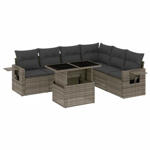 7-Piece Garden Sofa Set with Cushions Grey Poly Rattan Wicker Outdoor Patio Furniture - Image 13