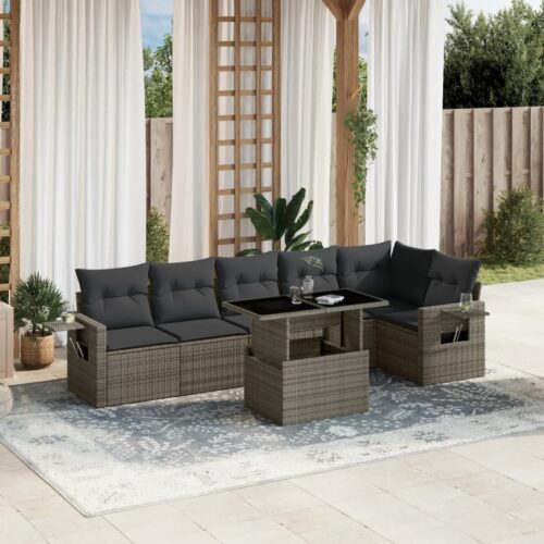 7-Piece Garden Sofa Set with Cushions Grey Poly Rattan Wicker Outdoor Patio Furniture - Image 2