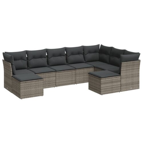 9-Piece Garden Sofa Set with Cushions Grey Poly Rattan Wicker Outdoor Patio Furniture