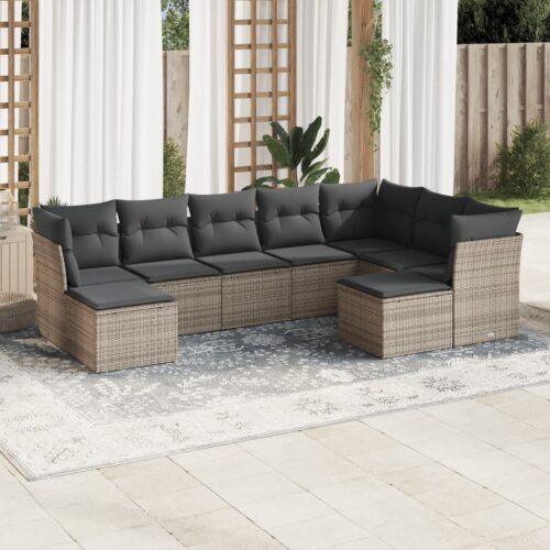 9-Piece Garden Sofa Set with Cushions Grey Poly Rattan Wicker Outdoor Patio Furniture - Image 2