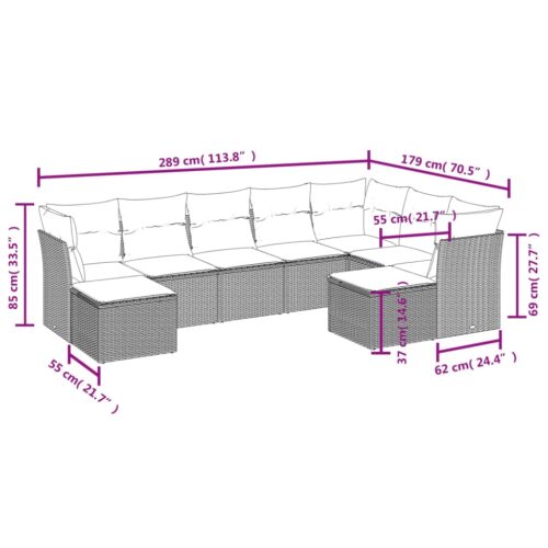 9-Piece Garden Sofa Set with Cushions Grey Poly Rattan Wicker Outdoor Patio Furniture - Image 3