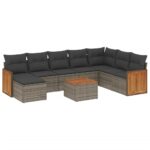 9-Piece Garden Sofa Set with Cushions Grey Poly Rattan Wicker Outdoor Patio Furniture