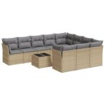 11-Piece Garden Sofa Set with Cushions Beige Poly Rattan Wicker Outdoor Patio Furniture
