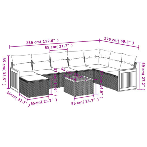 9-Piece Garden Sofa Set with Cushions Grey Poly Rattan Wicker Outdoor Patio Furniture - Image 9