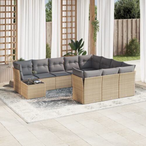 11-Piece Garden Sofa Set with Cushions Beige Poly Rattan Wicker Outdoor Patio Furniture - Image 2