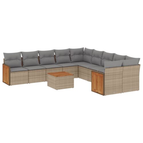 11-Piece Garden Sofa Set with Cushions Beige Poly Rattan Wicker Outdoor Patio Furniture