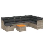 9-Piece Garden Sofa Set with Cushions Grey Poly Rattan Wicker Outdoor Patio Furniture