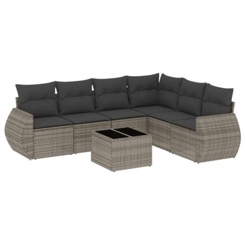 7-Piece Garden Sofa Set with Cushions Grey Poly Rattan Wicker Outdoor Patio Furniture - Image 5