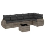 7-Piece Garden Sofa Set with Cushions Grey Poly Rattan Wicker Outdoor Patio Furniture