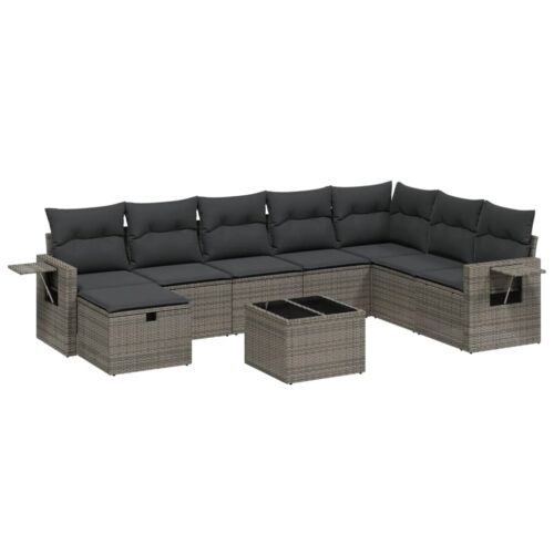 9-Piece Garden Sofa Set with Cushions Grey Poly Rattan Wicker Outdoor Patio Furniture