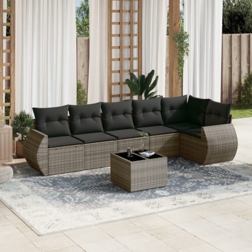 7-Piece Garden Sofa Set with Cushions Grey Poly Rattan Wicker Outdoor Patio Furniture - Image 2