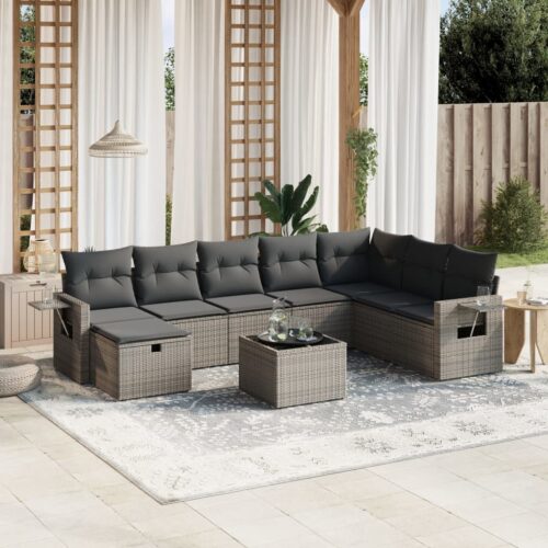 9-Piece Garden Sofa Set with Cushions Grey Poly Rattan Wicker Outdoor Patio Furniture - Image 2