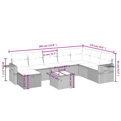 9-Piece Garden Sofa Set with Cushions Grey Poly Rattan Wicker Outdoor Patio Furniture - Image 4