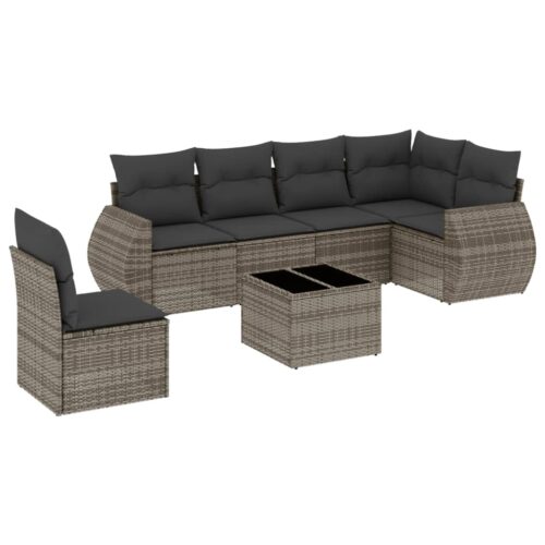 7-Piece Garden Sofa Set with Cushions Grey Poly Rattan Wicker Outdoor Patio Furniture