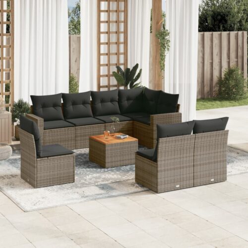 9-Piece Garden Sofa Set with Cushions Grey Poly Rattan Wicker Outdoor Patio Furniture - Image 2