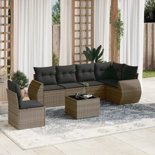 7-Piece Garden Sofa Set with Cushions Grey Poly Rattan Wicker Outdoor Patio Furniture - Image 2