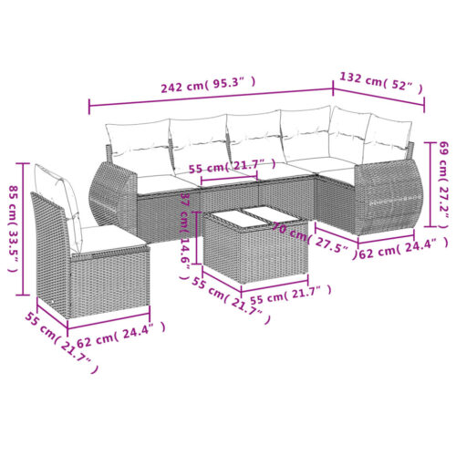7-Piece Garden Sofa Set with Cushions Grey Poly Rattan Wicker Outdoor Patio Furniture - Image 3