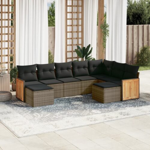 9-Piece Garden Sofa Set with Cushions Grey Poly Rattan Wicker Outdoor Patio Furniture - Image 2