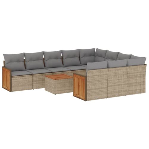 11-Piece Garden Sofa Set with Cushions Beige Poly Rattan Wicker Outdoor Patio Furniture