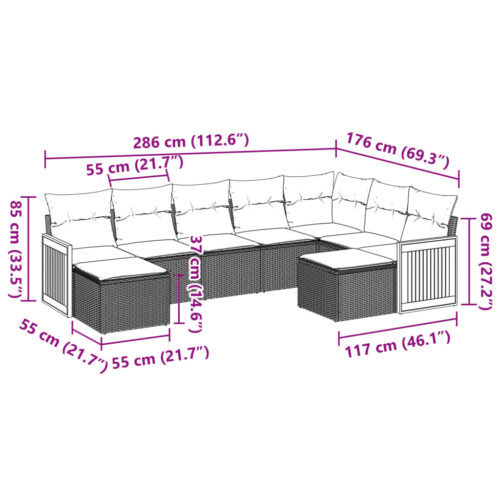 9-Piece Garden Sofa Set with Cushions Grey Poly Rattan Wicker Outdoor Patio Furniture - Image 8