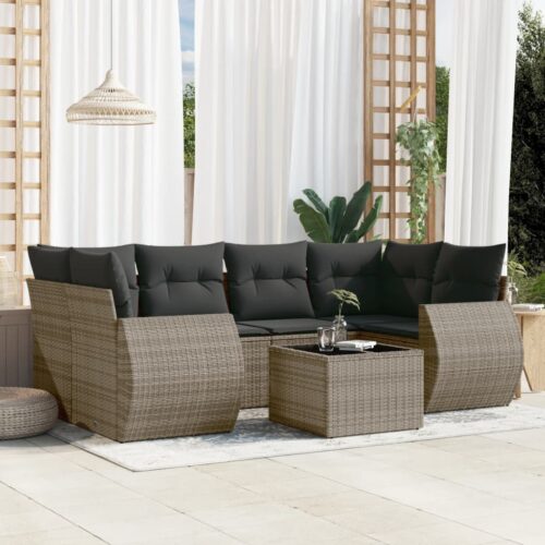 7-Piece Garden Sofa Set with Cushions Grey Poly Rattan Wicker Outdoor Patio Furniture - Image 2