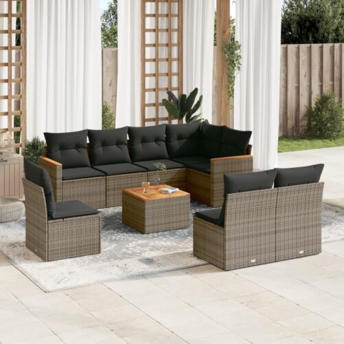 9-Piece Garden Sofa Set with Cushions Grey Poly Rattan Wicker Outdoor Patio Furniture - Image 2