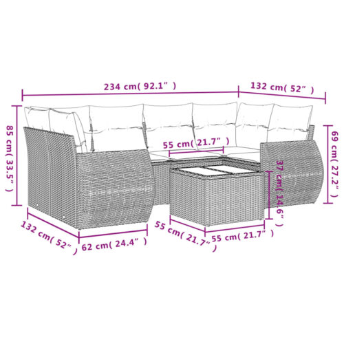 7-Piece Garden Sofa Set with Cushions Grey Poly Rattan Wicker Outdoor Patio Furniture - Image 8