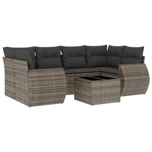 7-Piece Garden Sofa Set with Cushions Grey Poly Rattan Wicker Outdoor Patio Furniture - Image 14