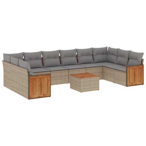 11-Piece Garden Sofa Set with Cushions Beige Poly Rattan Wicker Outdoor Patio Furniture - Image 14
