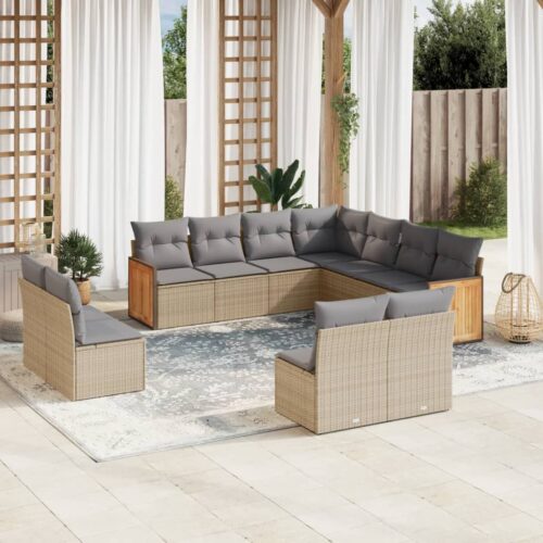 11-Piece Garden Sofa Set with Cushions Beige Poly Rattan Wicker Outdoor Patio Furniture - Image 2