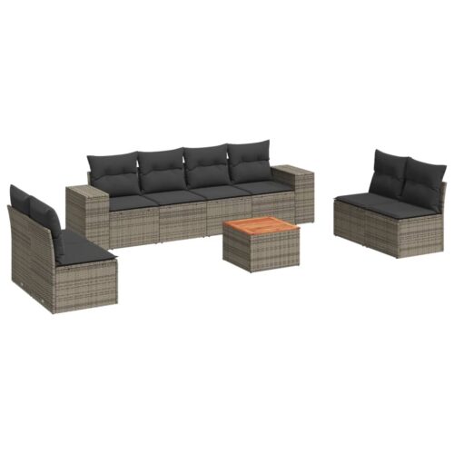 9-Piece Garden Sofa Set with Cushions Grey Poly Rattan Wicker Outdoor Patio Furniture