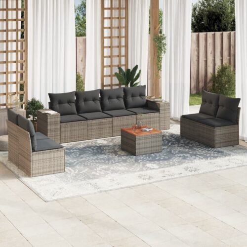 9-Piece Garden Sofa Set with Cushions Grey Poly Rattan Wicker Outdoor Patio Furniture - Image 2