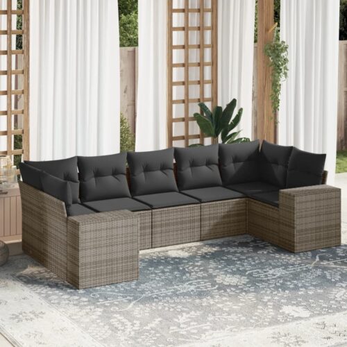 7-Piece Garden Sofa Set with Cushions Grey Poly Rattan Wicker Outdoor Patio Furniture - Image 2