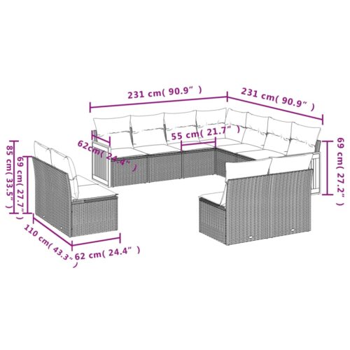 11-Piece Garden Sofa Set with Cushions Beige Poly Rattan Wicker Outdoor Patio Furniture - Image 7