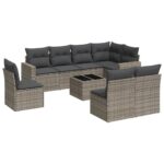 9-Piece Garden Sofa Set with Cushions Grey Poly Rattan Wicker Outdoor Patio Furniture