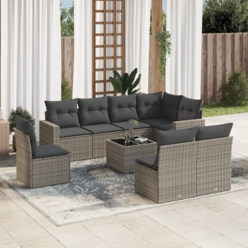 9-Piece Garden Sofa Set with Cushions Grey Poly Rattan Wicker Outdoor Patio Furniture - Image 2