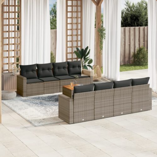9-Piece Garden Sofa Set with Cushions Grey Poly Rattan Wicker Outdoor Patio Furniture - Image 2