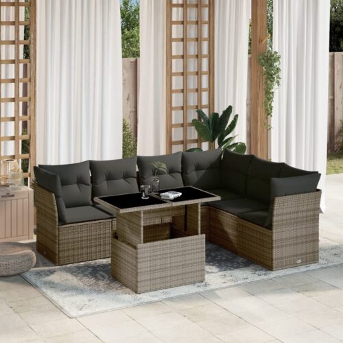 7-Piece Garden Sofa Set with Cushions Grey Poly Rattan Wicker Outdoor Patio Furniture - Image 2
