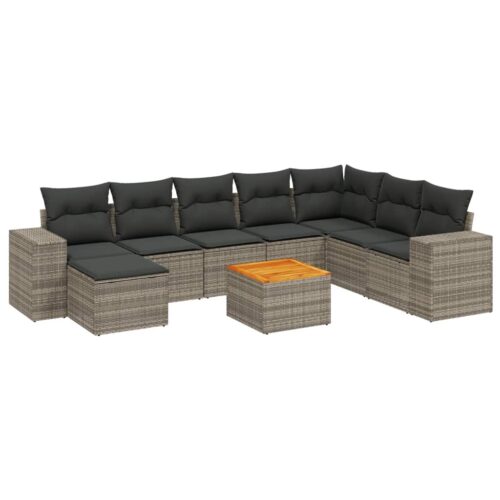 9-Piece Garden Sofa Set with Cushions Grey Poly Rattan Wicker Outdoor Patio Furniture