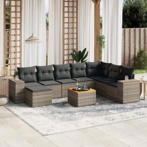 9-Piece Garden Sofa Set with Cushions Grey Poly Rattan Wicker Outdoor Patio Furniture - Image 2