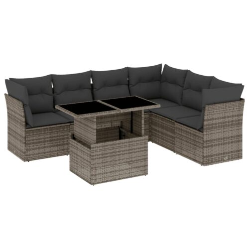 7-Piece Garden Sofa Set with Cushions Grey Poly Rattan Wicker Outdoor Patio Furniture - Image 13