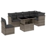 7-Piece Garden Sofa Set with Cushions Grey Poly Rattan Wicker Outdoor Patio Furniture