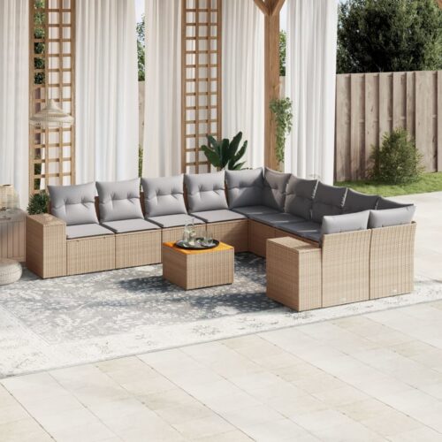11-Piece Garden Sofa Set with Cushions Beige Poly Rattan Wicker Outdoor Patio Furniture - Image 2