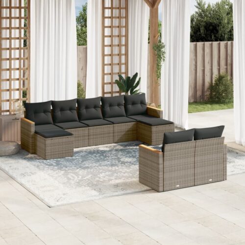 9-Piece Garden Sofa Set with Cushions Grey Poly Rattan Wicker Outdoor Patio Furniture - Image 2