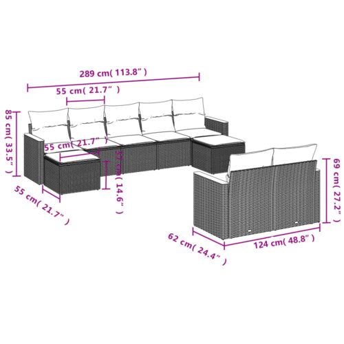 9-Piece Garden Sofa Set with Cushions Grey Poly Rattan Wicker Outdoor Patio Furniture - Image 7