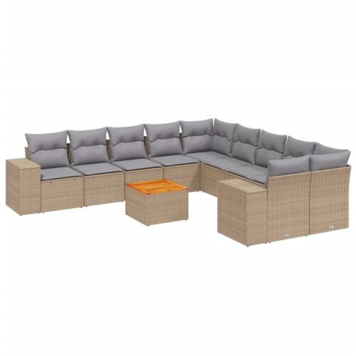 11-Piece Garden Sofa Set with Cushions Beige Poly Rattan Wicker Outdoor Patio Furniture - Image 14