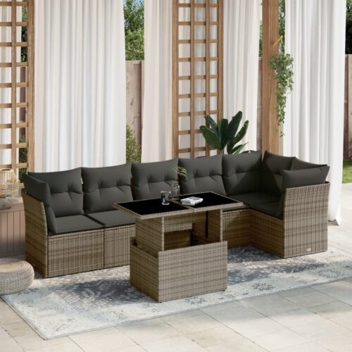 7-Piece Garden Sofa Set with Cushions Grey Poly Rattan Wicker Outdoor Patio Furniture - Image 2