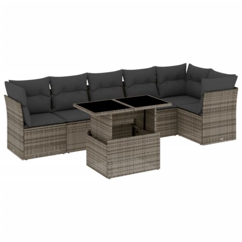 7-Piece Garden Sofa Set with Cushions Grey Poly Rattan Wicker Outdoor Patio Furniture - Image 13